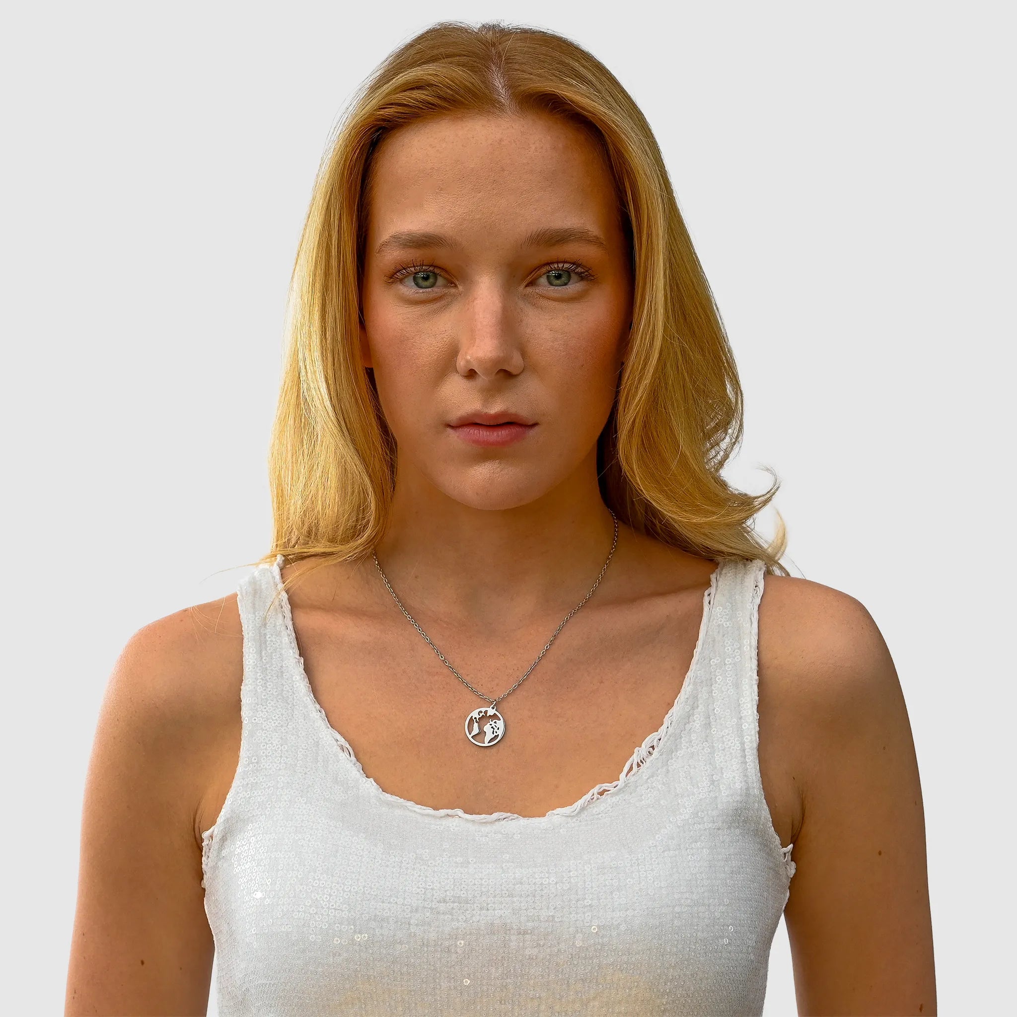 Wasserfeste Halskette Damen Silber mit World Map Globus Erdkugel Anhänger aus Edelstahl.