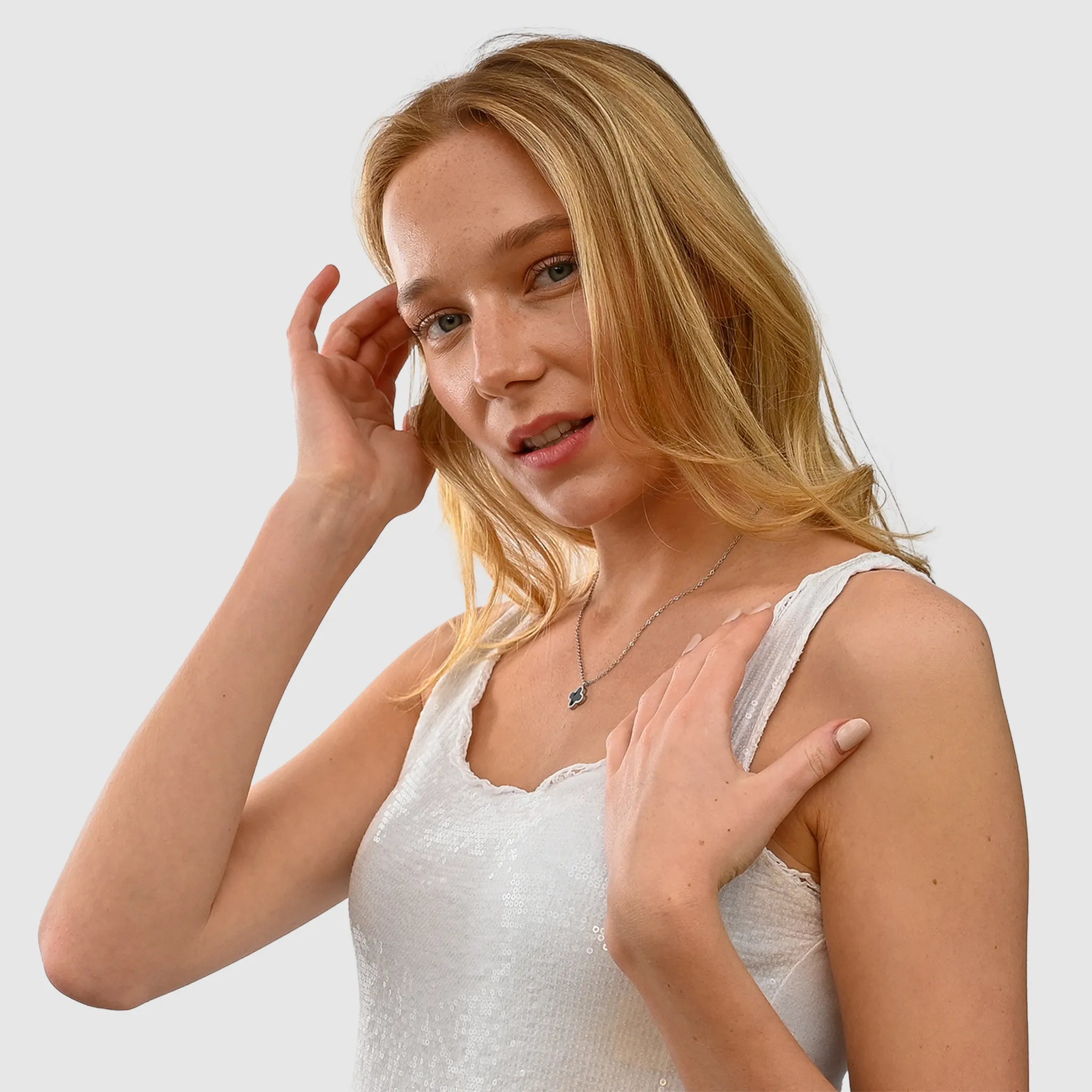 Wasserfeste Kleeblatt Cloverleaf Damen Halskette in Silber mit schwarzem Kleeblatt. Marke 1887Gem.