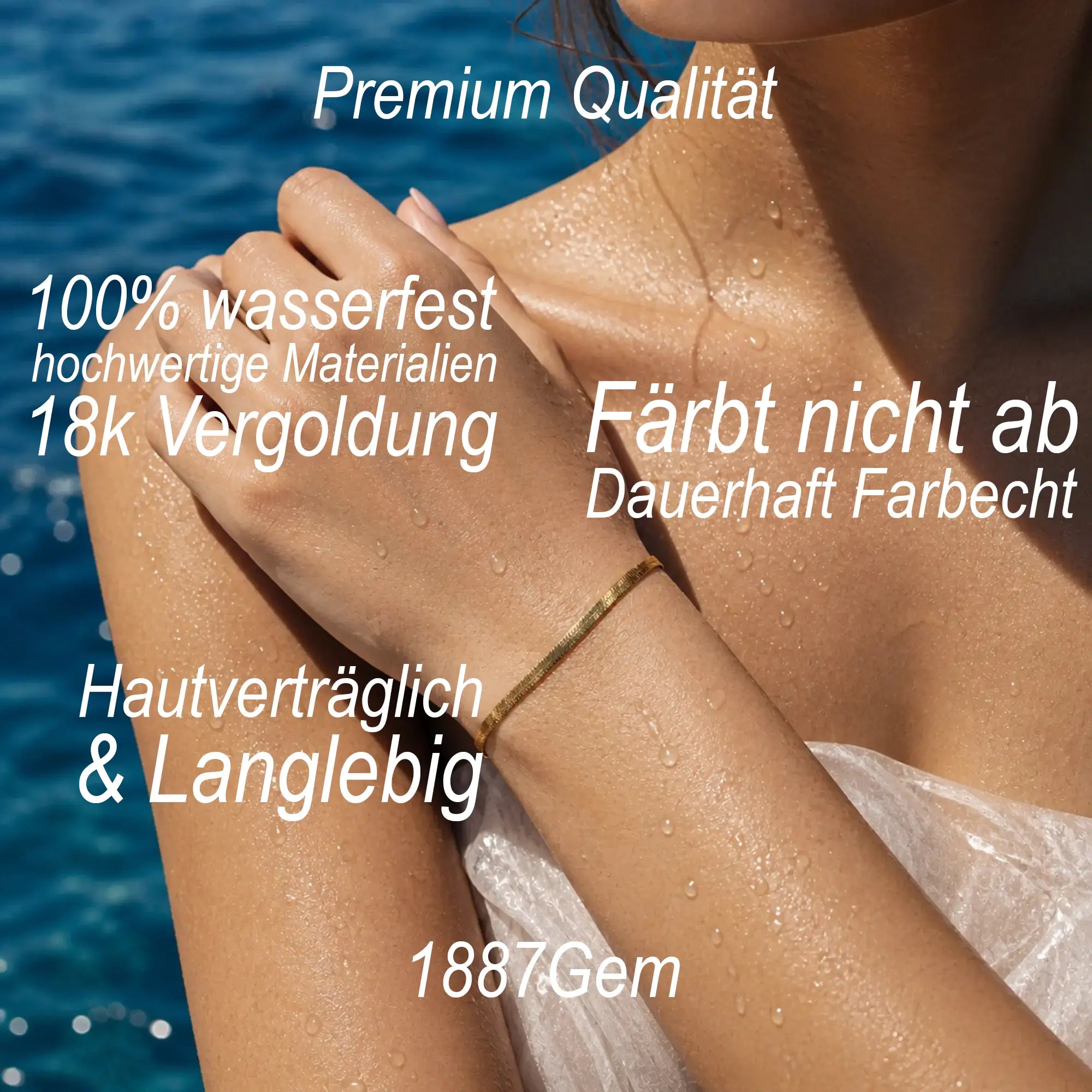 Goldenes Armband Helia am Model mit Vorteilen in Textform.