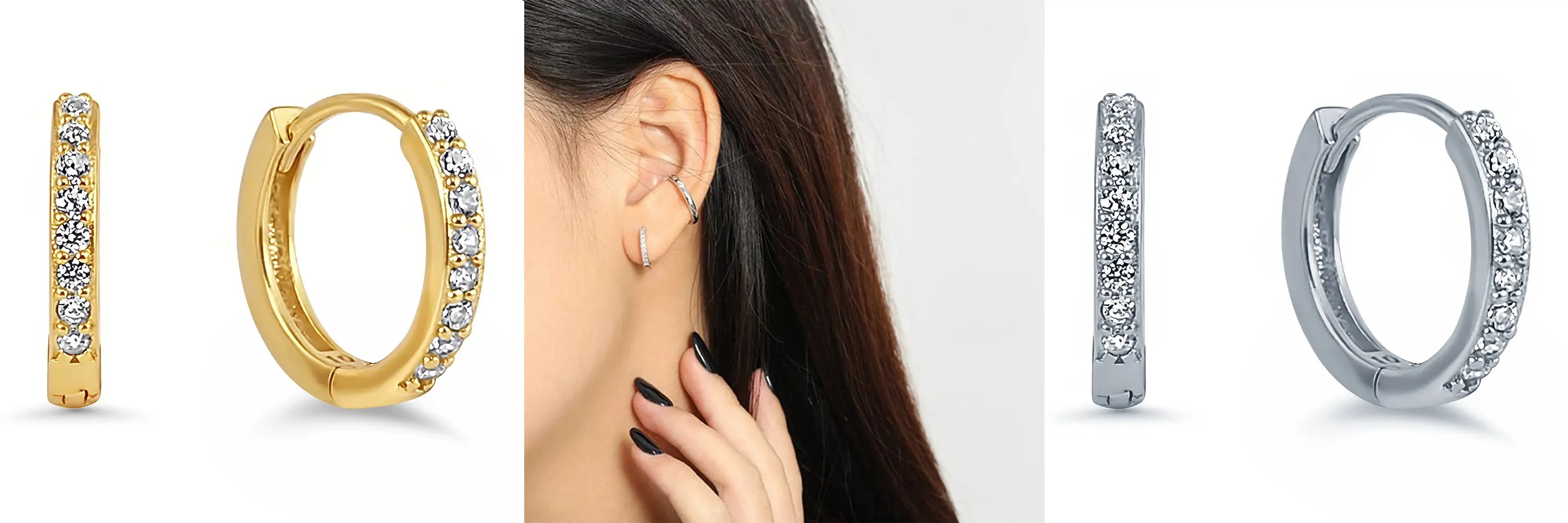 Ohrringe in Gold und in Silber mit Zirkonia am Model.