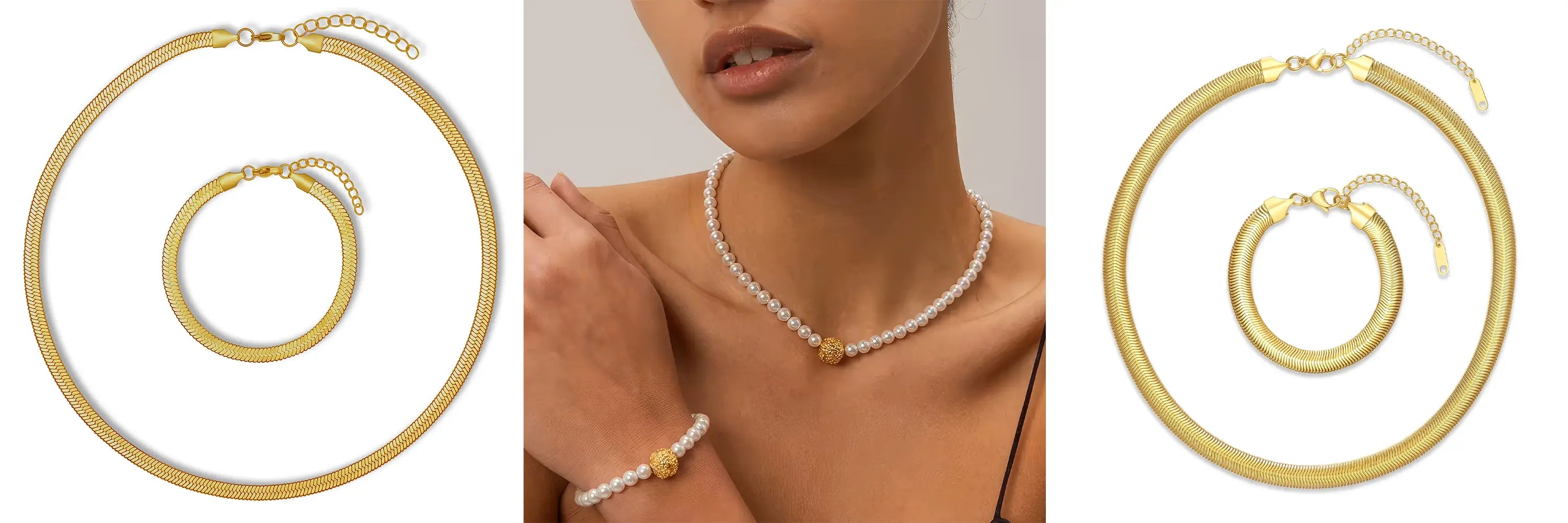 Ein Model mit einem Schmuck Set und zwei Sets auf weißem Hintergrund.