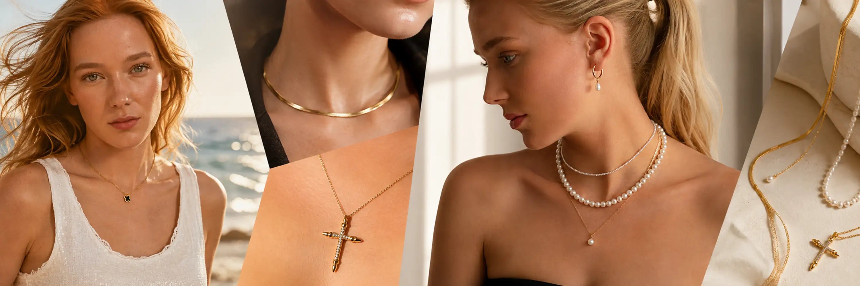 Collage mit Halsketten für Damen in Gold und Silber an Models