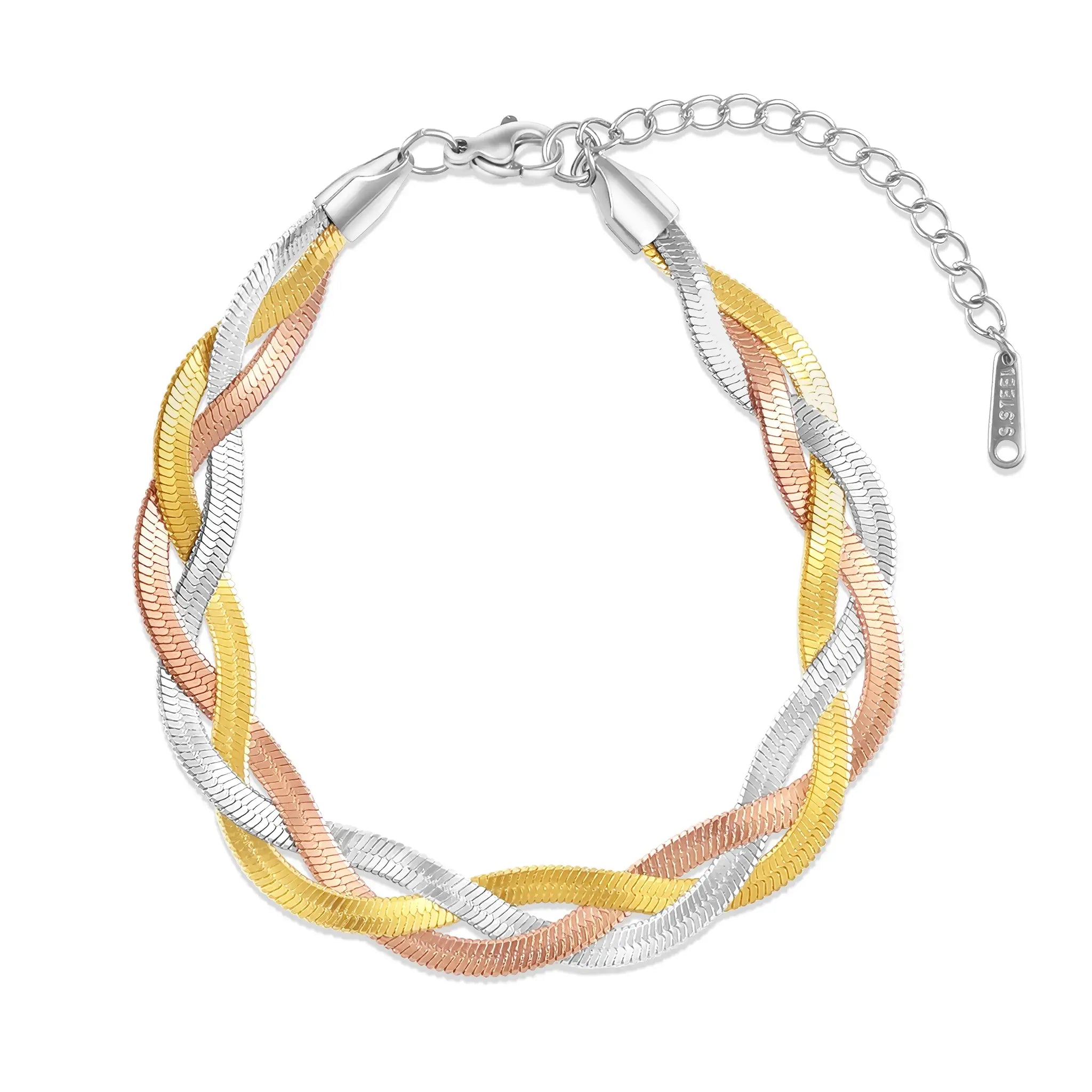 Wasserfestes Armband dreifarbig Gold Silber Rosegold geflochten.