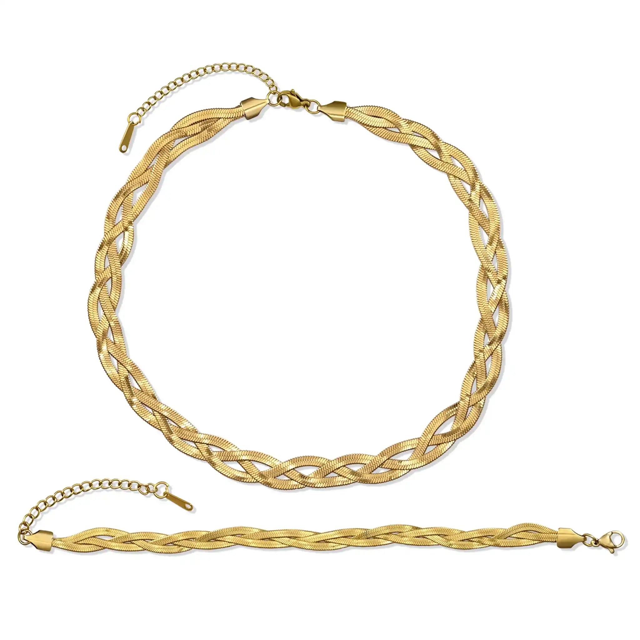 Wasserfestes Geflochtenes Set aus Kette Armband in Gold.