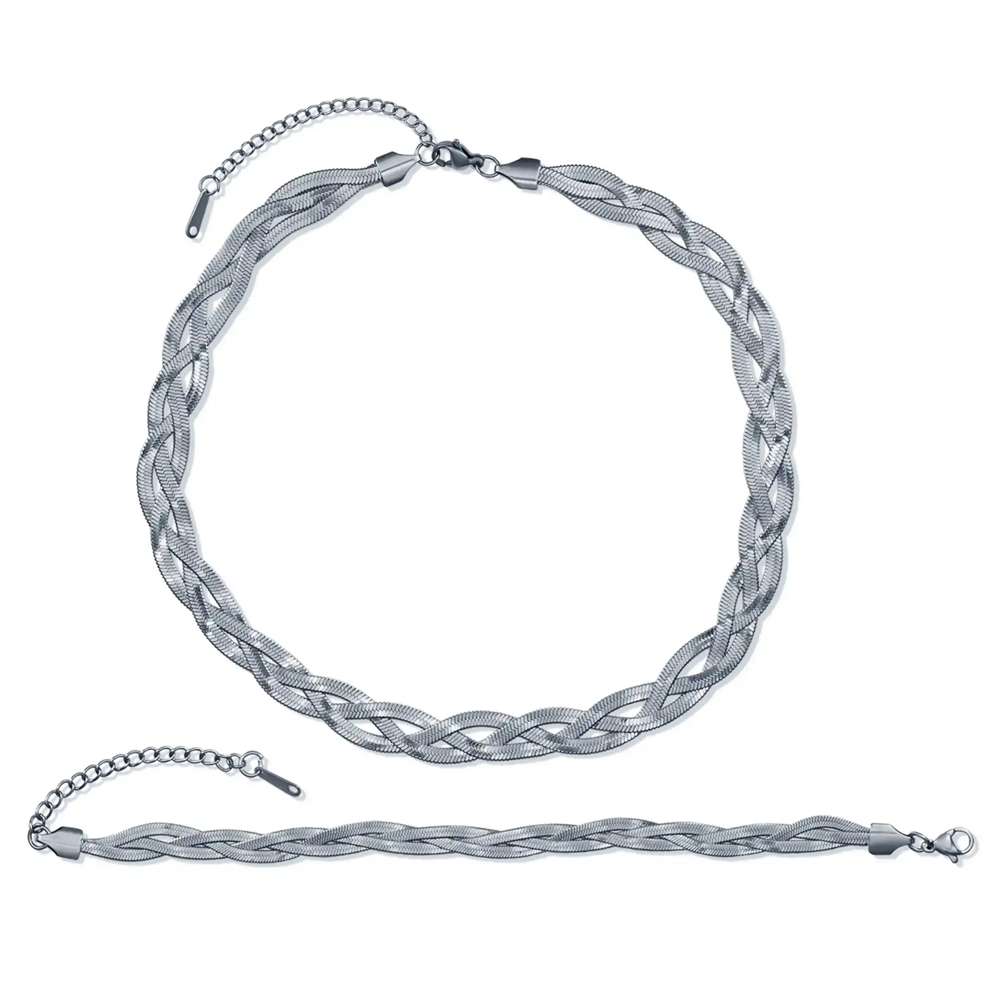 Wasserfestes geflochtenes Silber Kette Armband Set Edelstahl.